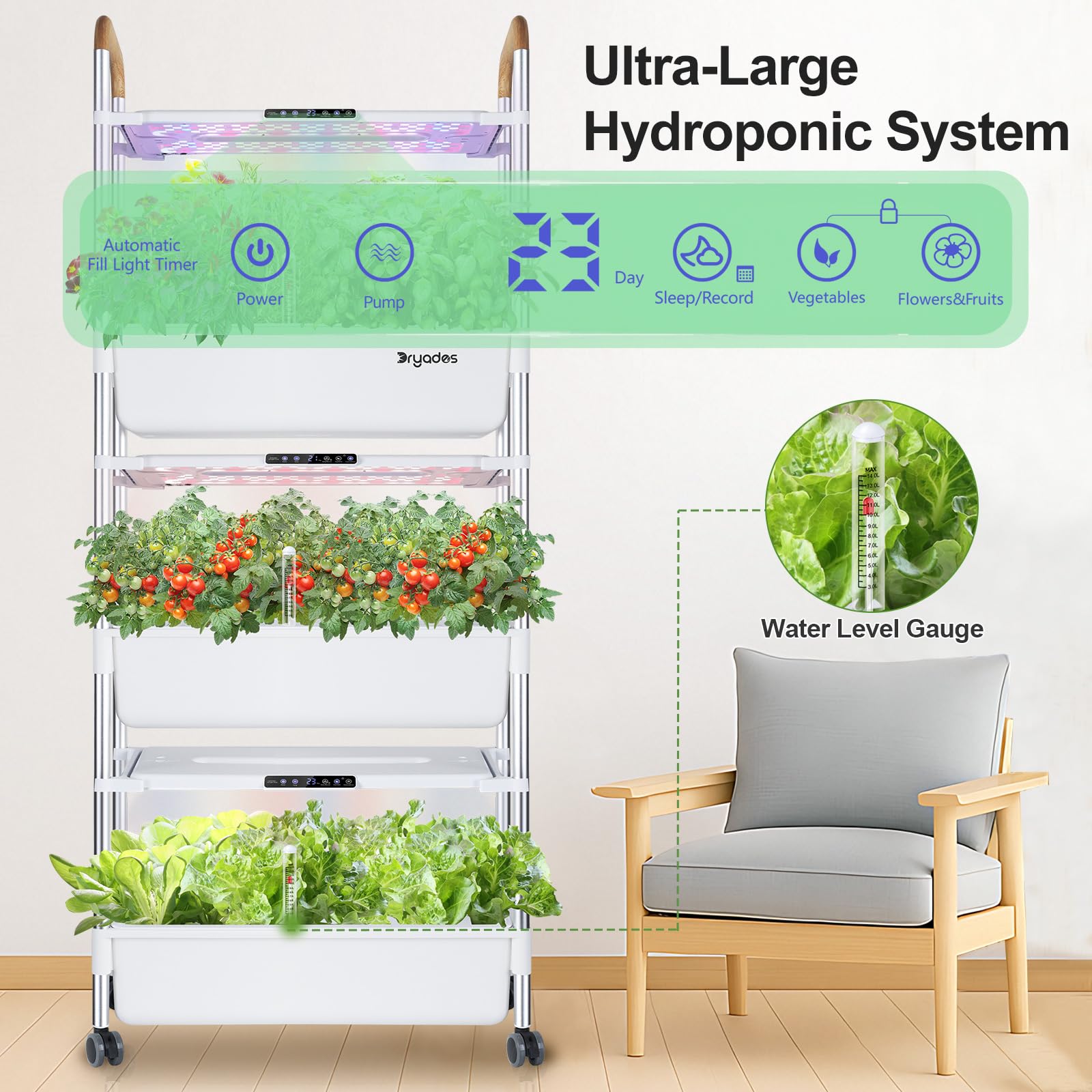 Indoor Hydroponic Growing System with 81 Pods Herbs Garden Kit with 30W Led Grow Light Large Movable 3-Layer Floor-Standing Hydroponic Gardening System for Vegetable Fruit The Rooted Muse