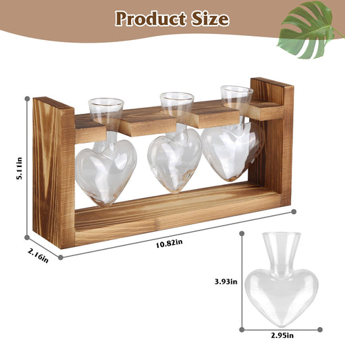 1Pc Plant Terrarium Propagation Station With 3 Heart Shaped Vases Wooden Stand Desktop Air Planter Bulb Glass Vase For Hydroponics Home Office Decor Gift For Plant Lovers Rooted Treasures Farms