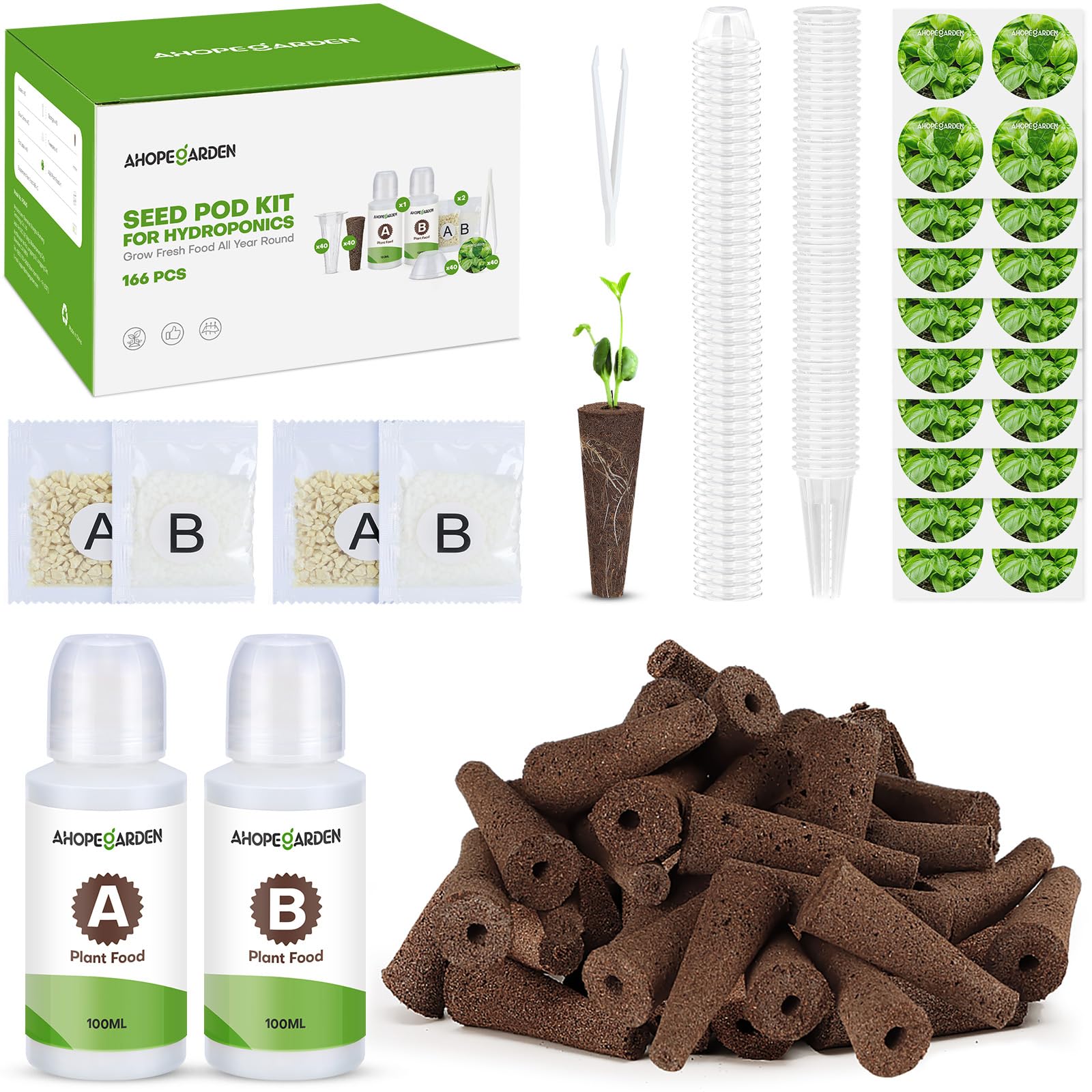 Ahopegarden 86PCS Hydroponic Pods Kit: Grow Anything Herb Kits with 600ml A&B Plant Food, 40 Grow Sponges, 40 Labels, 1 Tweezer - Hydroponics Supplies for Aerogarden&Most Brand Herb Garden The Rooted Muse