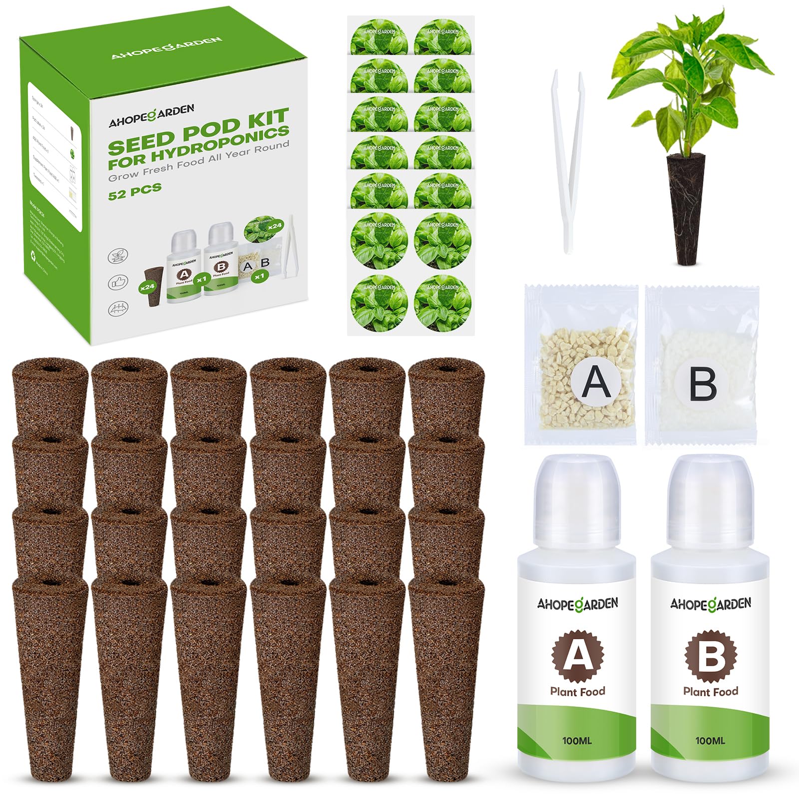 Ahopegarden 86PCS Hydroponic Pods Kit: Grow Anything Herb Kits with 600ml A&B Plant Food, 40 Grow Sponges, 40 Labels, 1 Tweezer - Hydroponics Supplies for Aerogarden&Most Brand Herb Garden The Rooted Muse
