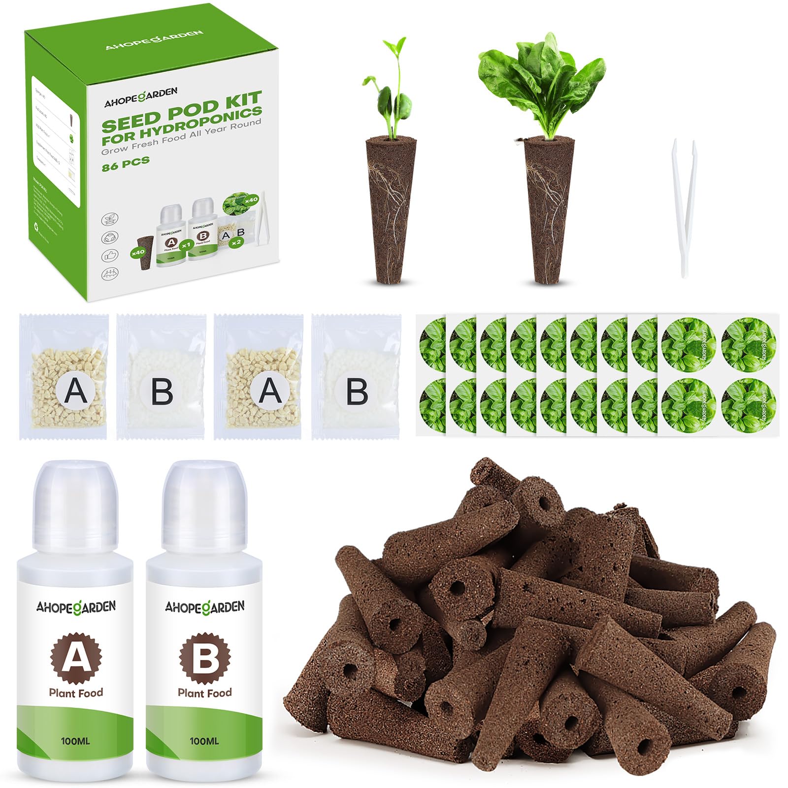 Ahopegarden 86PCS Hydroponic Pods Kit: Grow Anything Herb Kits with 600ml A&B Plant Food, 40 Grow Sponges, 40 Labels, 1 Tweezer - Hydroponics Supplies for Aerogarden&Most Brand Herb Garden The Rooted Muse