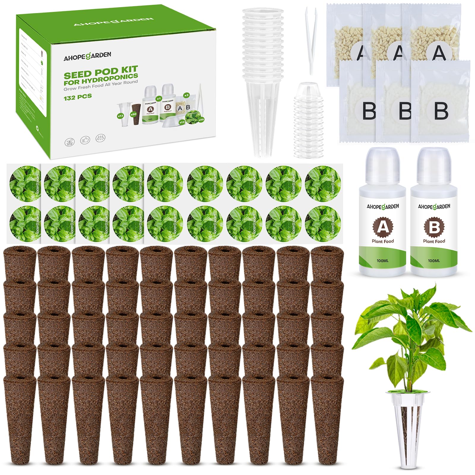 Ahopegarden 86PCS Hydroponic Pods Kit: Grow Anything Herb Kits with 600ml A&B Plant Food, 40 Grow Sponges, 40 Labels, 1 Tweezer - Hydroponics Supplies for Aerogarden&Most Brand Herb Garden The Rooted Muse