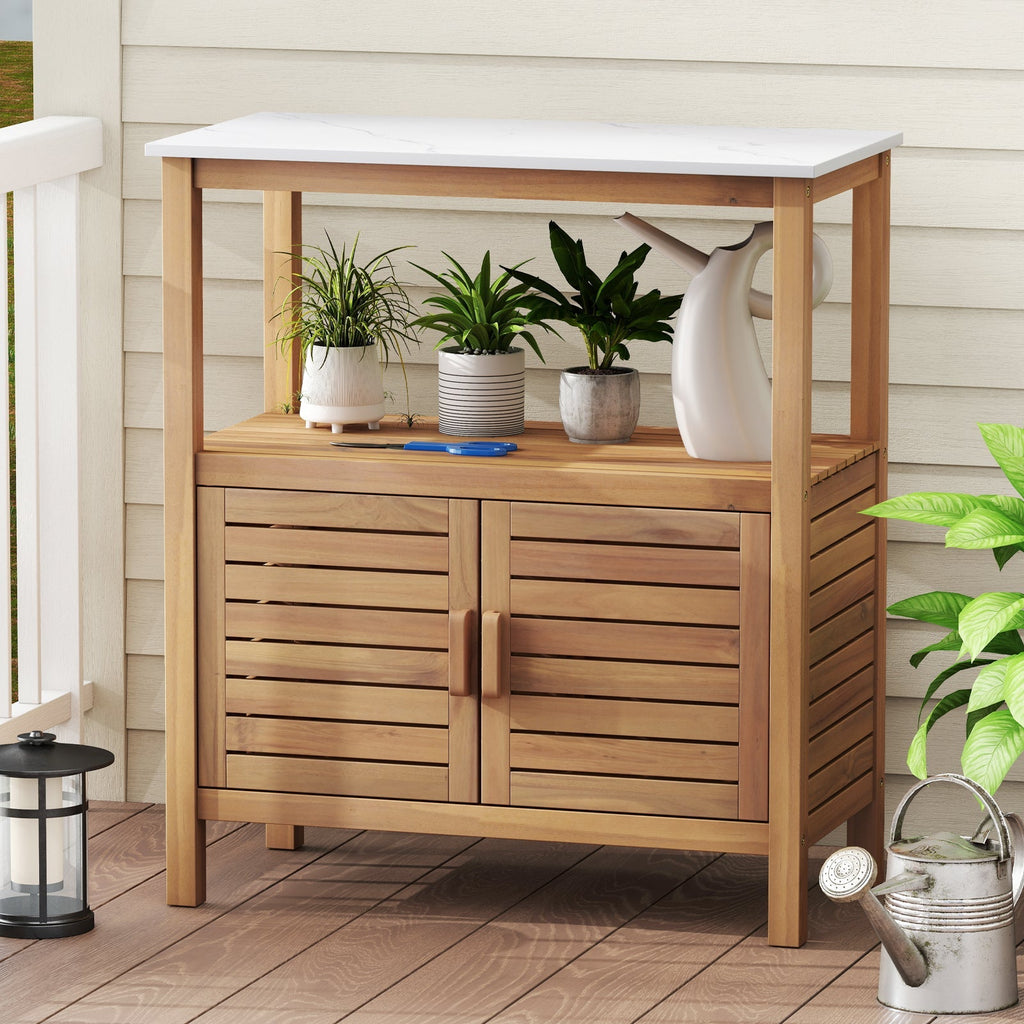 Outdoor Potting Bench Acacia Wood Garden Potting Table Planting Work Bench Station with Louvered Doors DirectDeals