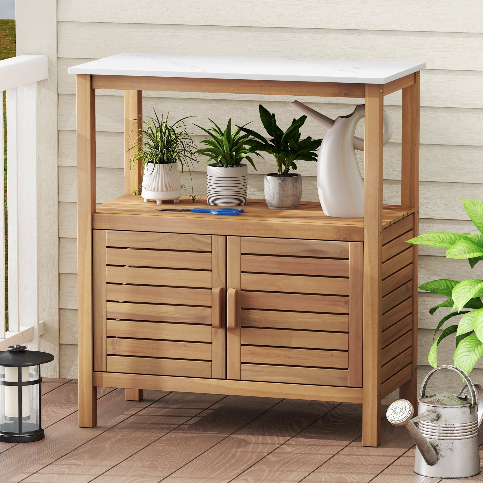 Outdoor Potting Bench Acacia Wood Garden Potting Table Planting Work Bench Station with Louvered Doors DirectDeals