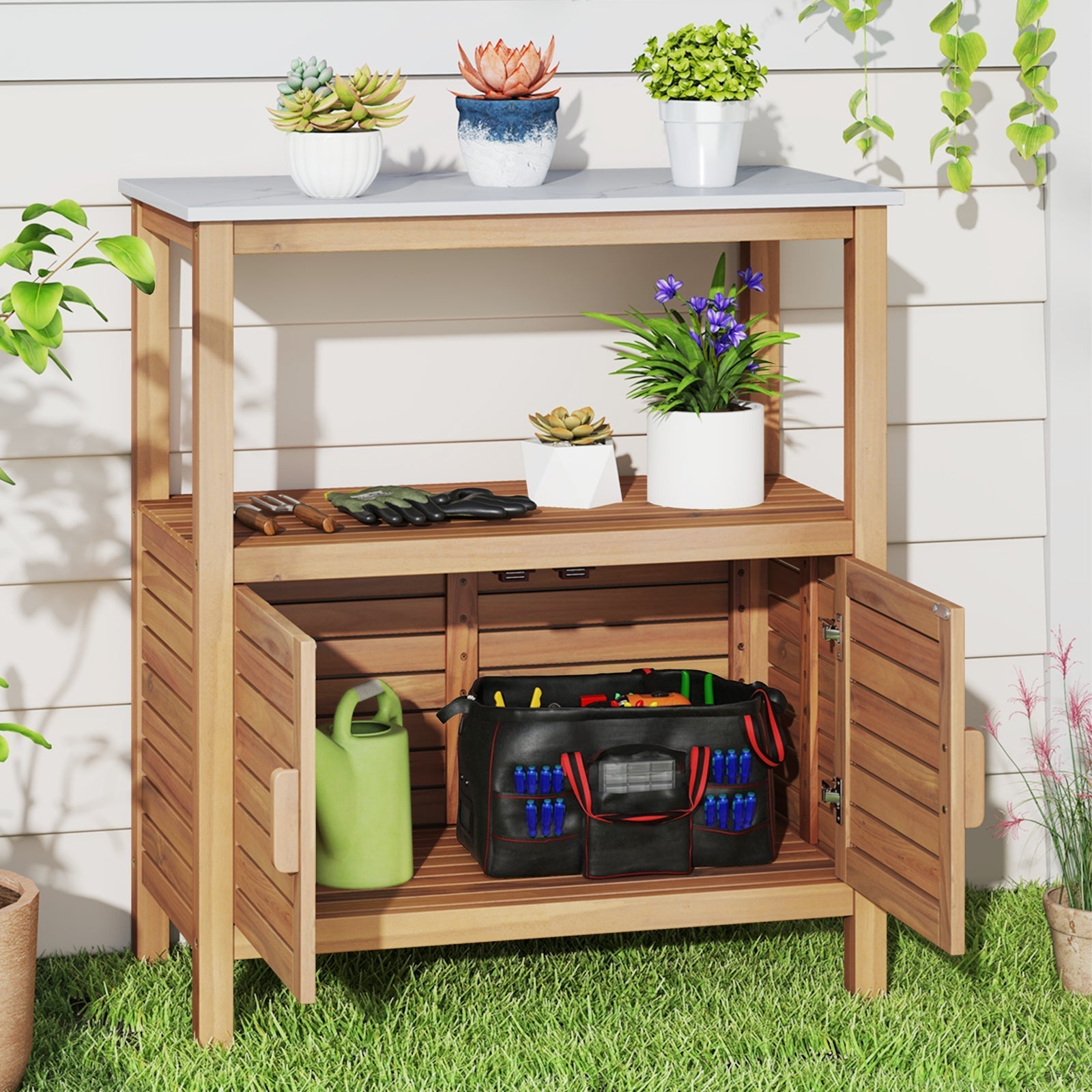 Outdoor Potting Bench Acacia Wood Garden Potting Table Planting Work Bench Station with Louvered Doors DirectDeals