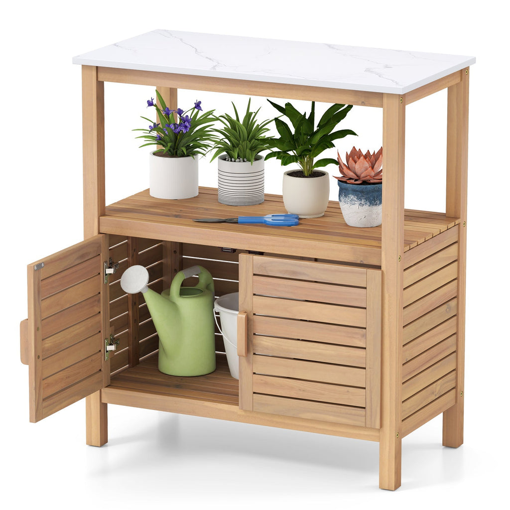 Outdoor Potting Bench Acacia Wood Garden Potting Table Planting Work Bench Station with Louvered Doors DirectDeals