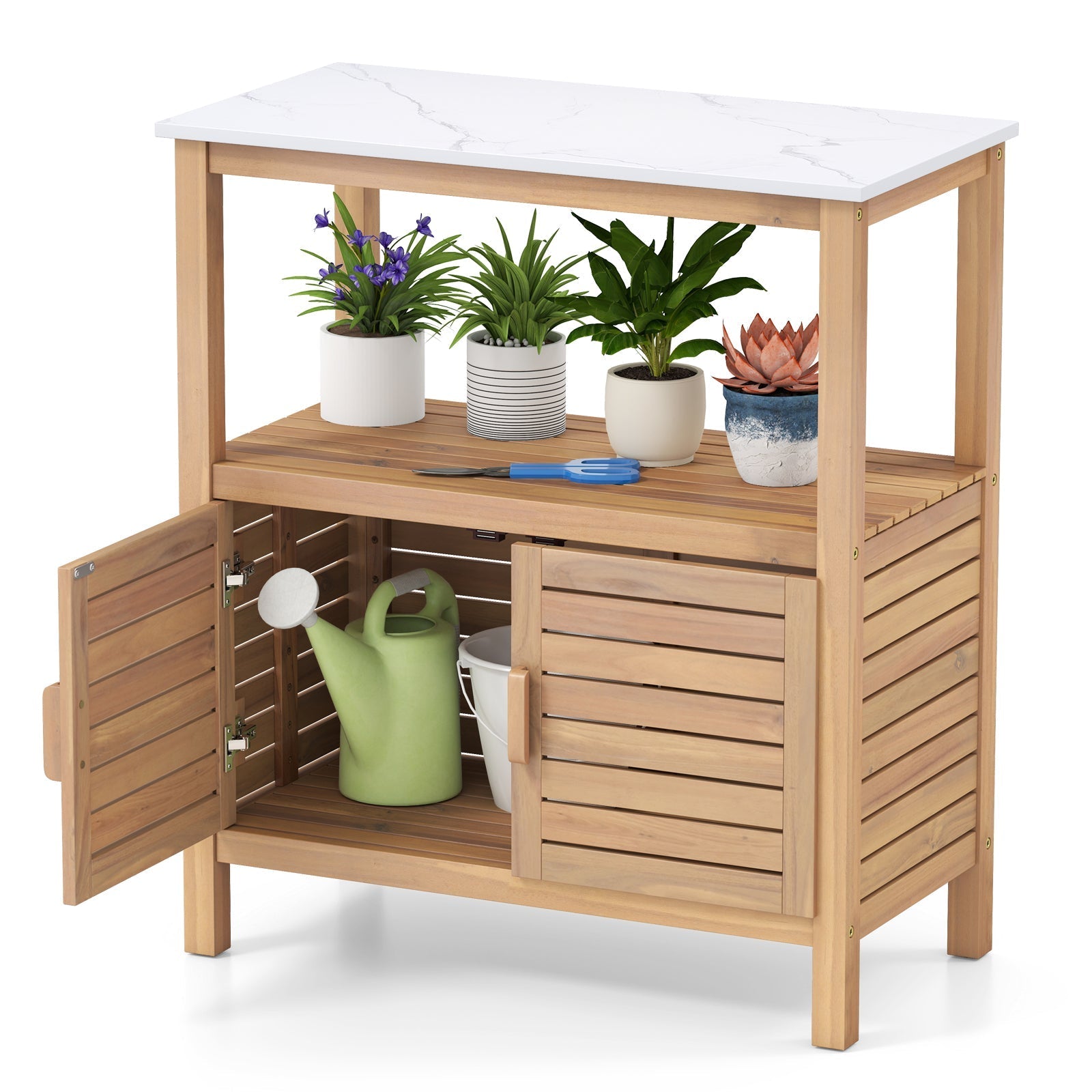 Outdoor Potting Bench Acacia Wood Garden Potting Table Planting Work Bench Station with Louvered Doors DirectDeals