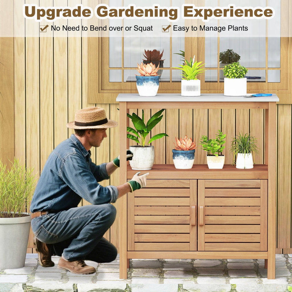 Outdoor Potting Bench Acacia Wood Garden Potting Table Planting Work Bench Station with Louvered Doors DirectDeals