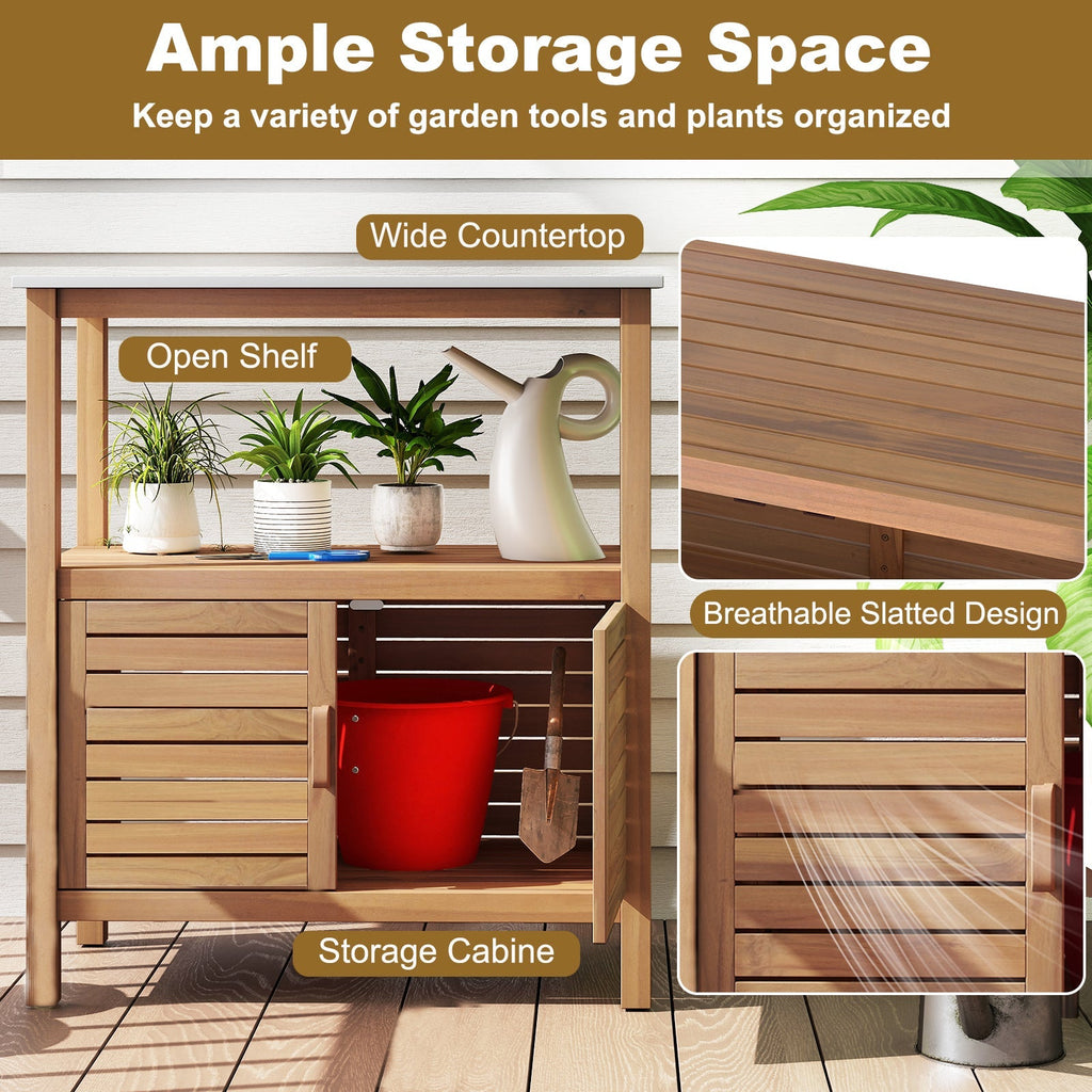 Outdoor Potting Bench Acacia Wood Garden Potting Table Planting Work Bench Station with Louvered Doors DirectDeals