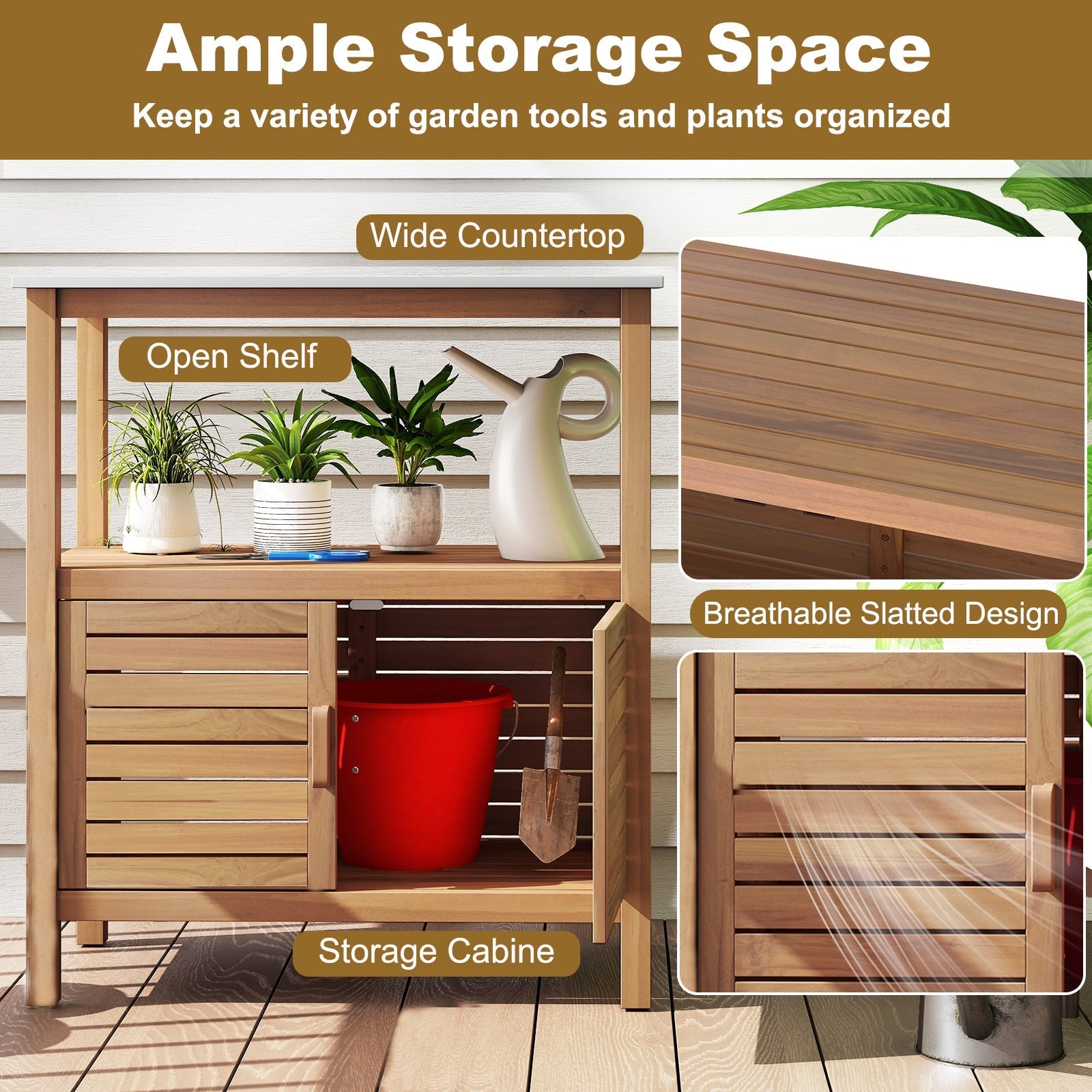 Outdoor Potting Bench Acacia Wood Garden Potting Table Planting Work Bench Station with Louvered Doors DirectDeals