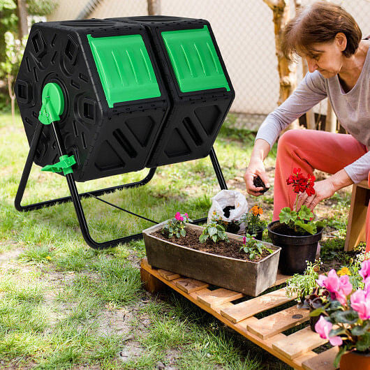 Dual Chamber Garden Compost Tumbler with Sliding Doors-Black & Green The Rooted Muse