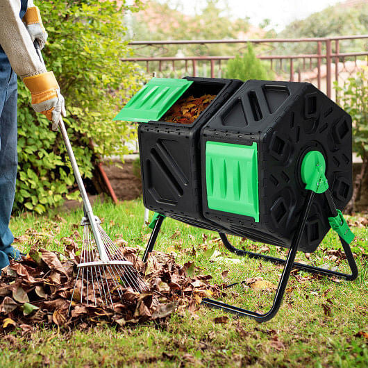 Dual Chamber Garden Compost Tumbler with Sliding Doors-Black & Green The Rooted Muse