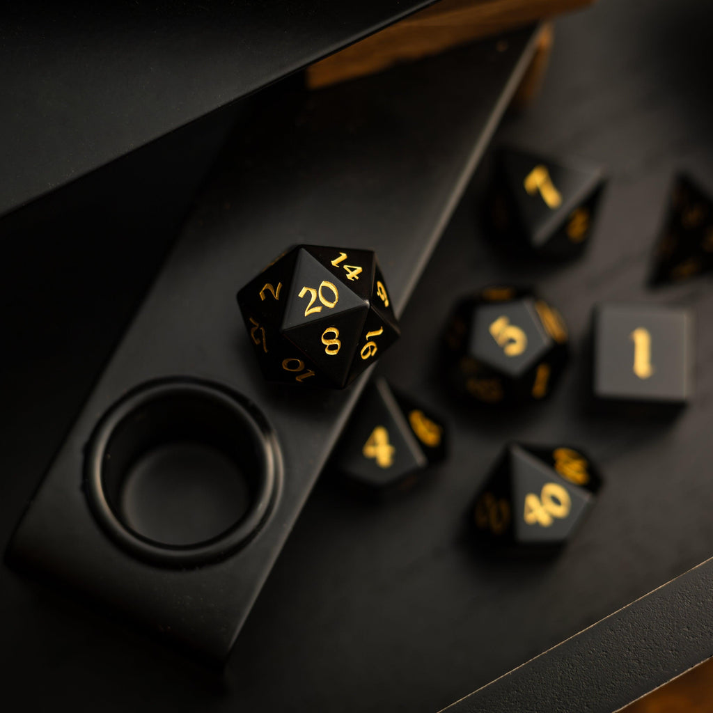 Gemstone Black Night Obsidian Hand Carved DND Dice Set Runic Dice