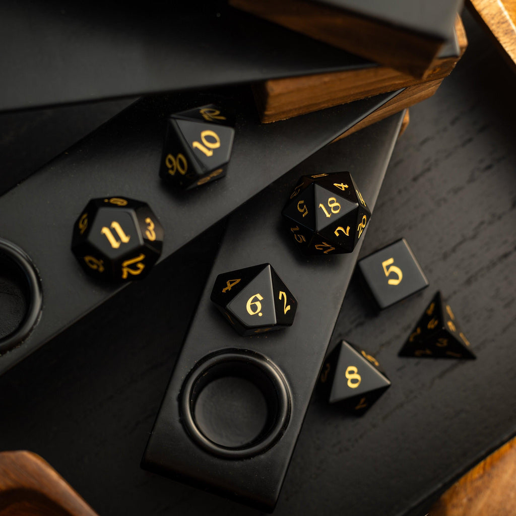 Gemstone Black Night Obsidian Hand Carved DND Dice Set Runic Dice