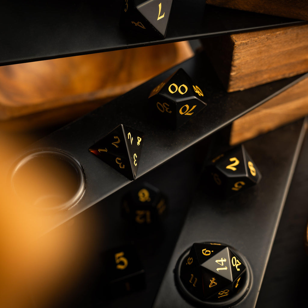 Gemstone Black Night Obsidian Hand Carved DND Dice Set Runic Dice