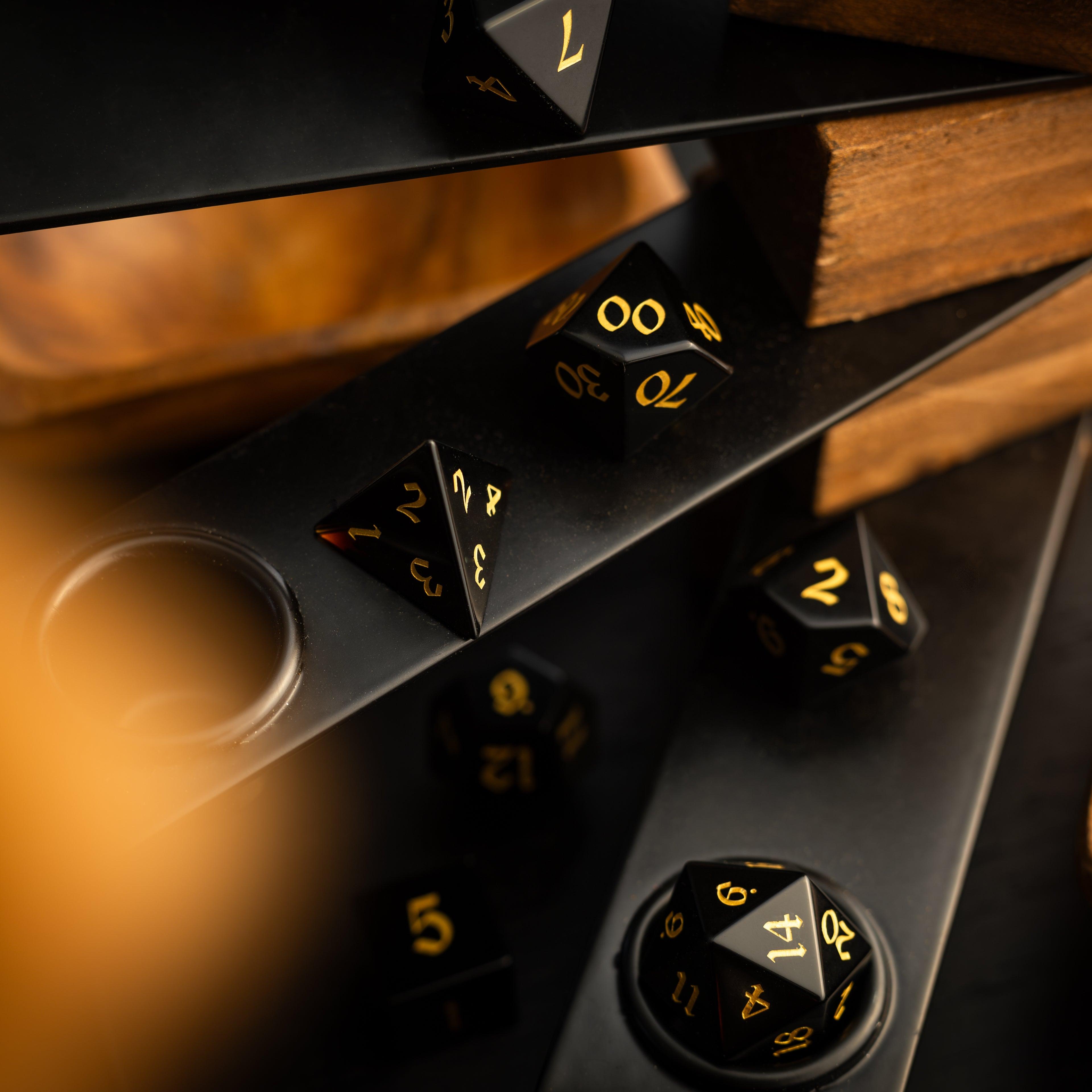 Gemstone Black Night Obsidian Hand Carved DND Dice Set Runic Dice