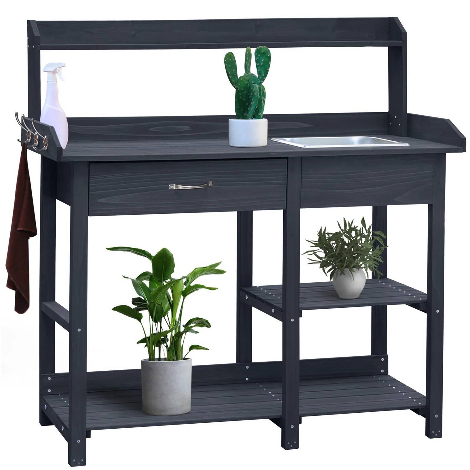 Grey Wood Outdoor Garden Potting Bench Storage Shelf with Removeable Sink HomePacific