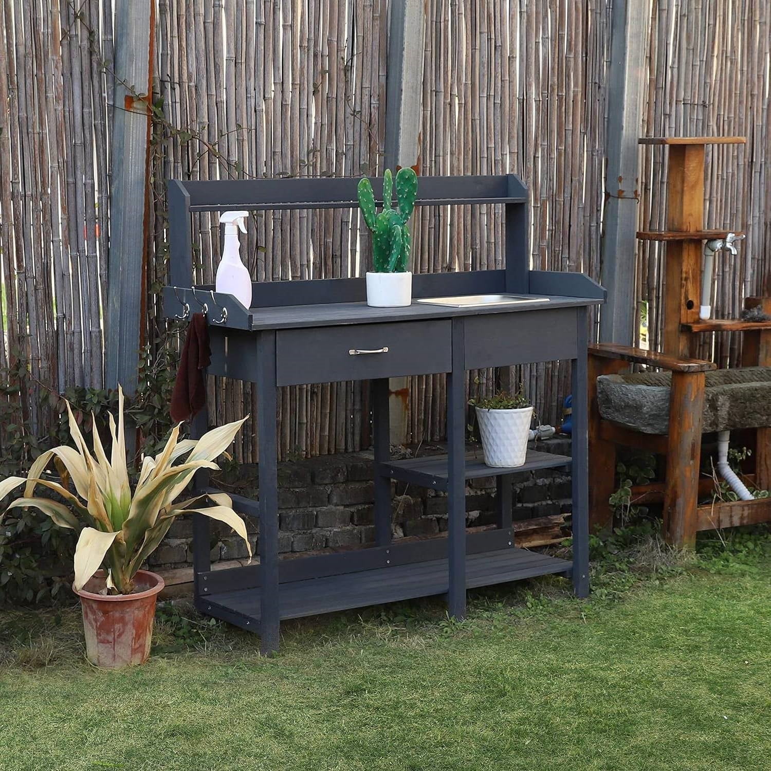 Grey Wood Outdoor Garden Potting Bench Storage Shelf with Removeable Sink HomePacific