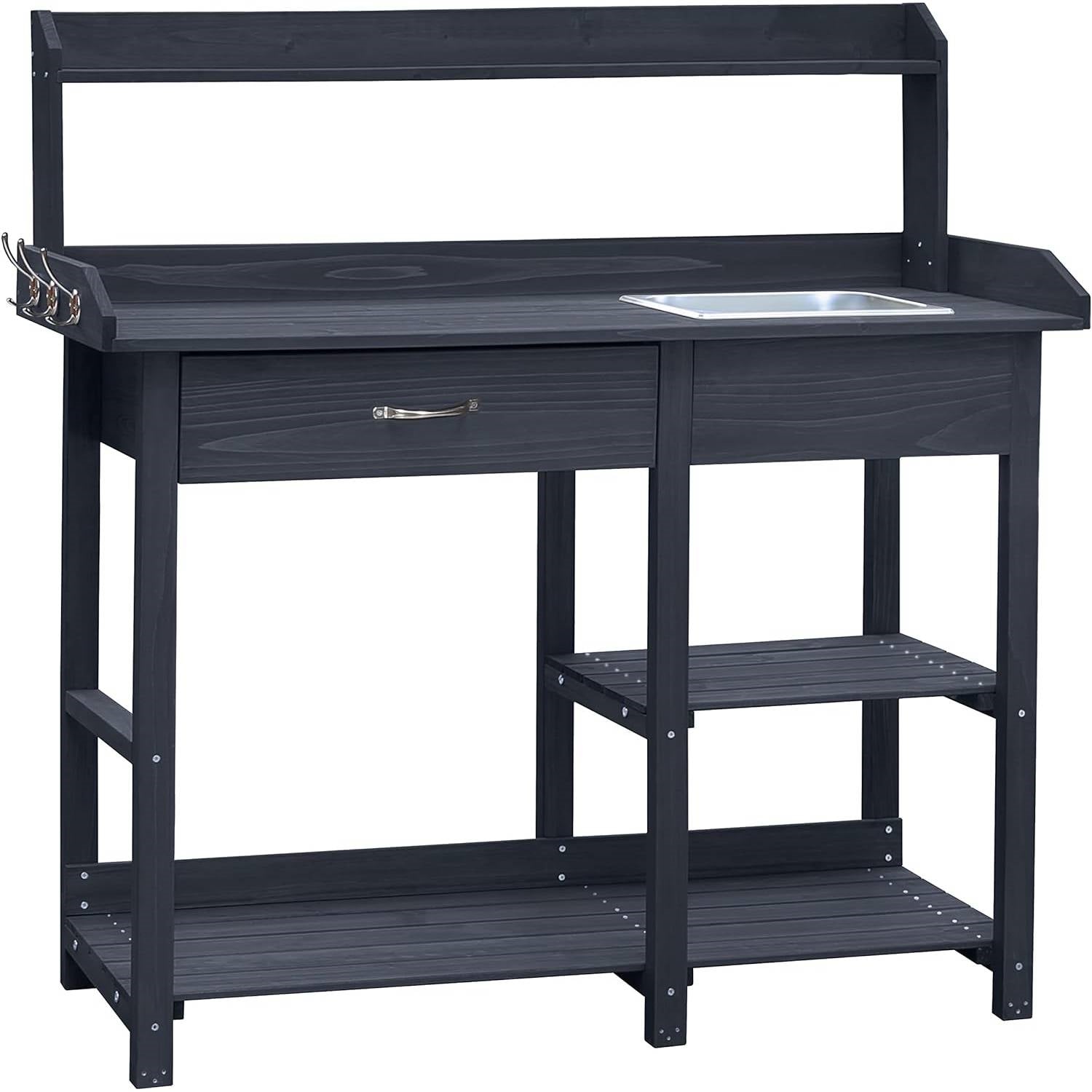 Grey Wood Outdoor Garden Potting Bench Storage Shelf with Removeable Sink HomePacific