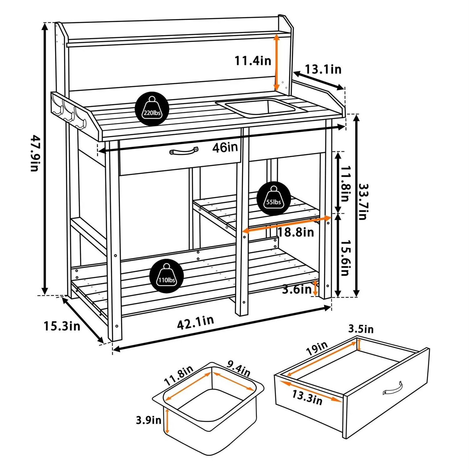 Grey Wood Outdoor Garden Potting Bench Storage Shelf with Removeable Sink HomePacific