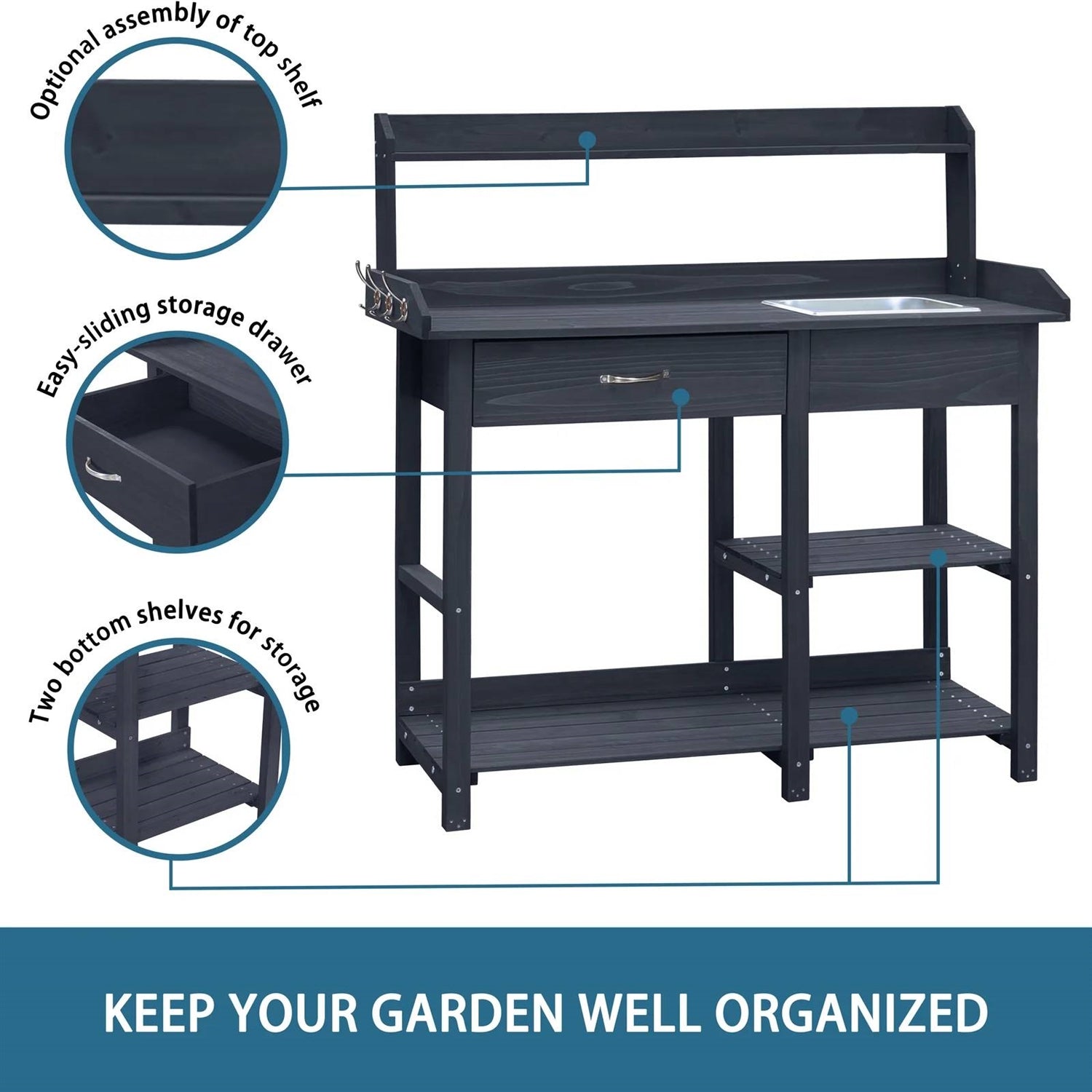 Grey Wood Outdoor Garden Potting Bench Storage Shelf with Removeable Sink HomePacific