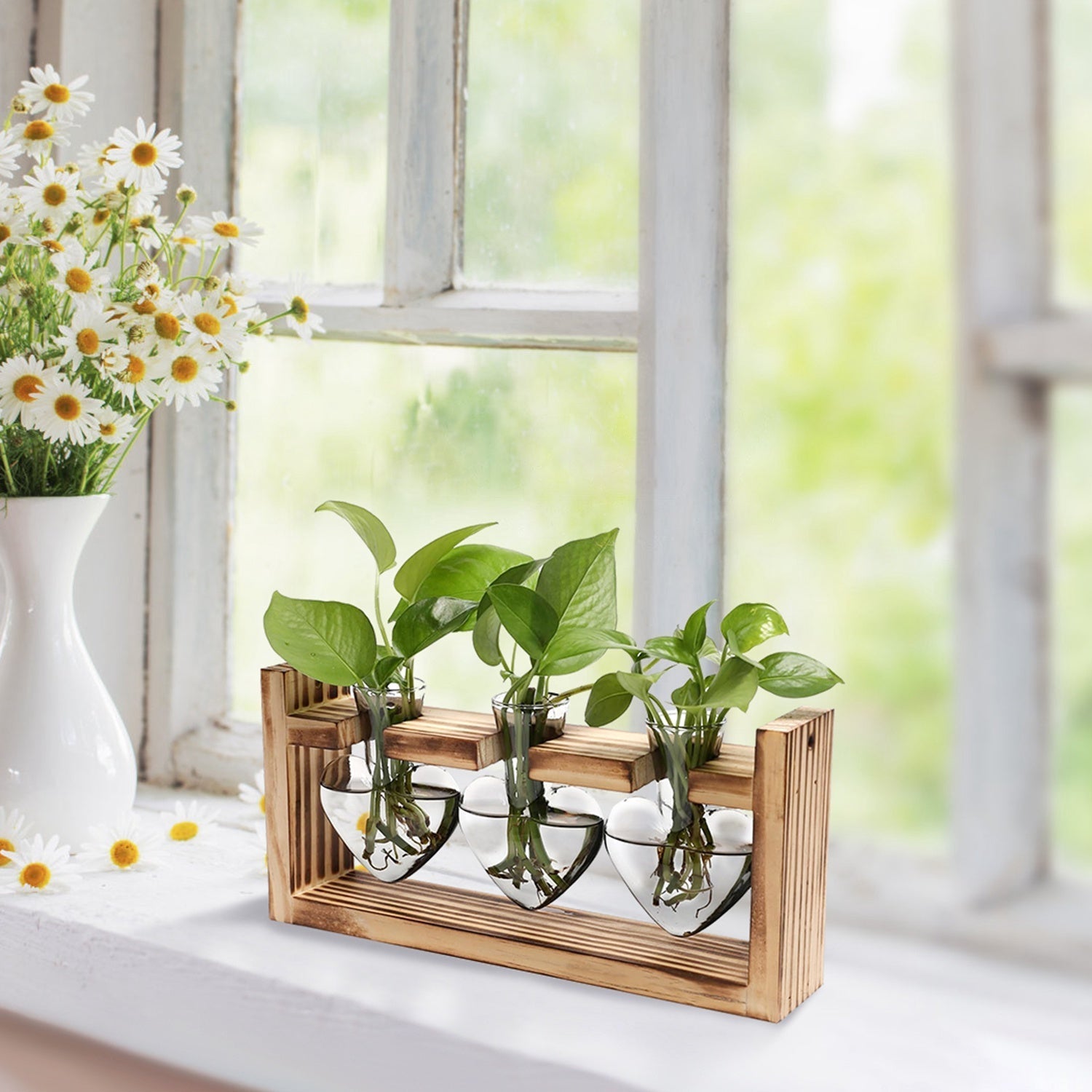 1Pc Plant Terrarium Propagation Station With 3 Heart Shaped Vases Wooden Stand Desktop Air Planter Bulb Glass Vase For Hydroponics Home Office Decor Gift For Plant Lovers Rooted Treasures Farms