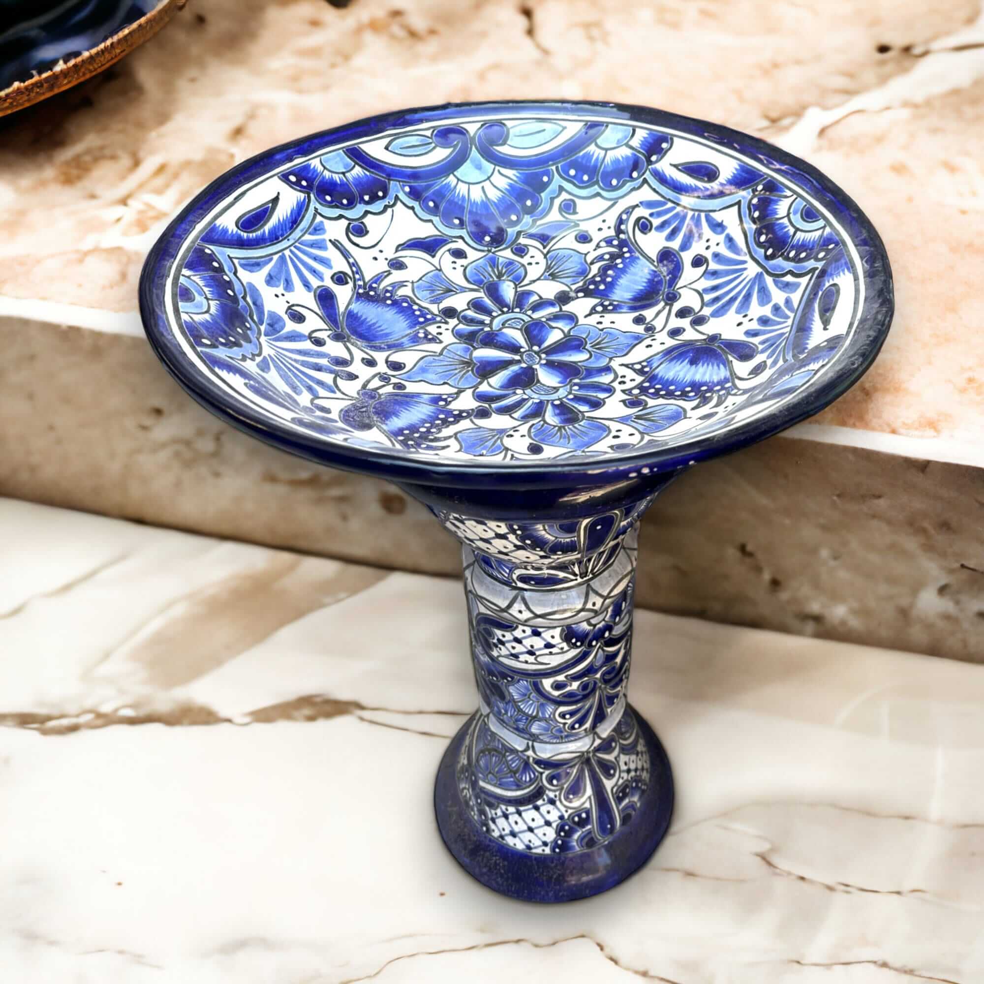 Blue & White Talavera Bird Bath | Mexican Garden Art The Talavera Hub