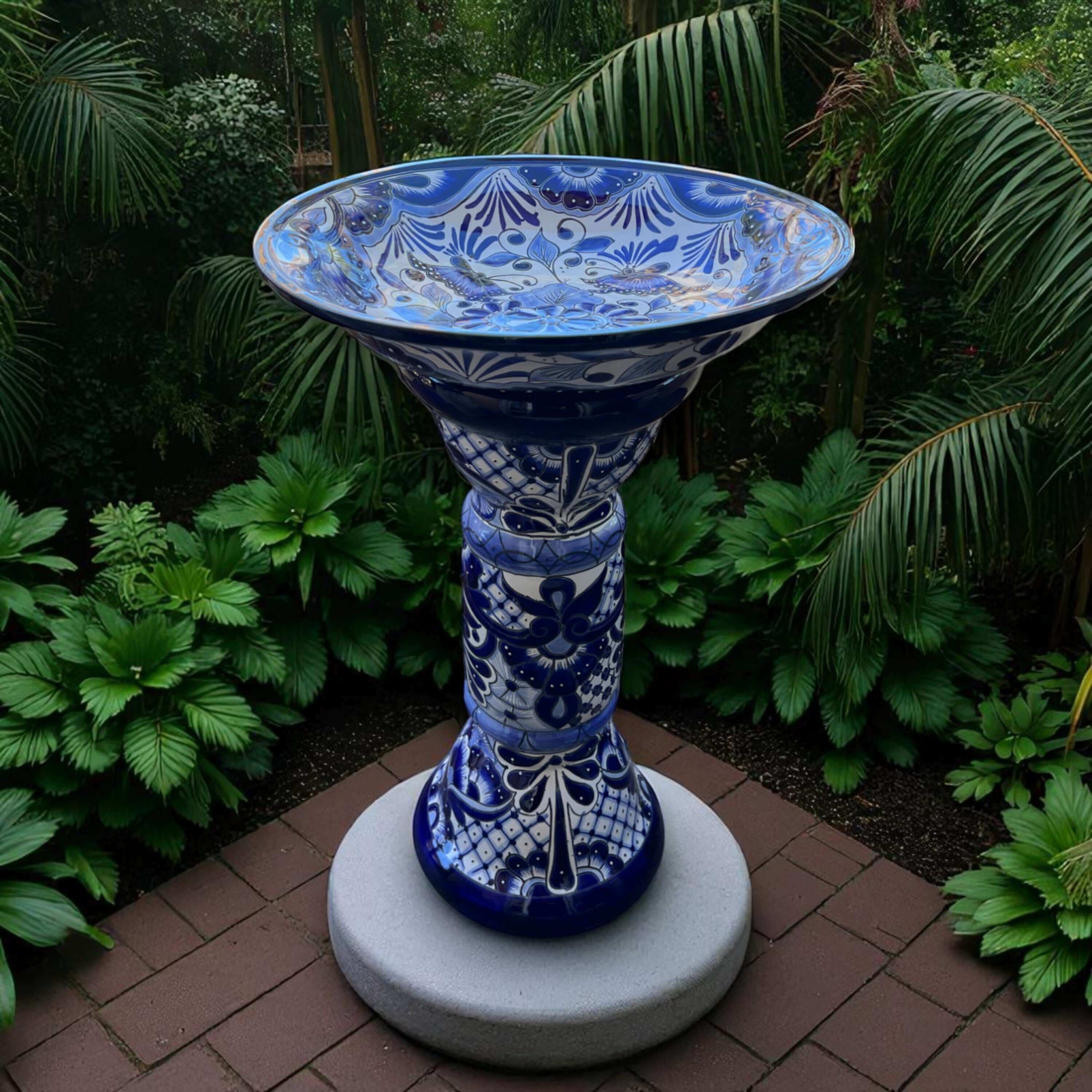 Blue & White Talavera Bird Bath | Mexican Garden Art The Talavera Hub