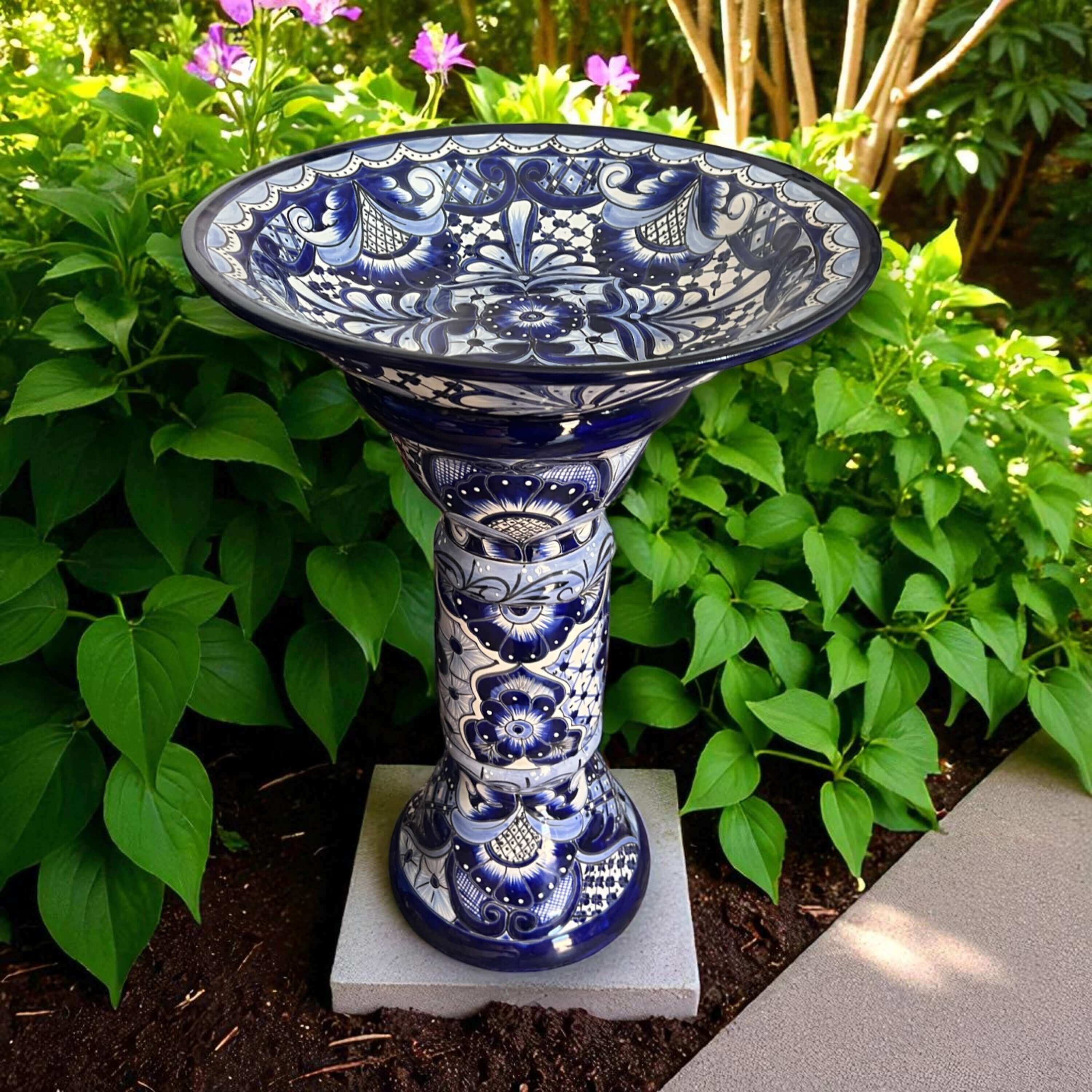 Blue & White Talavera Bird Bath | Mexican Garden Art The Talavera Hub