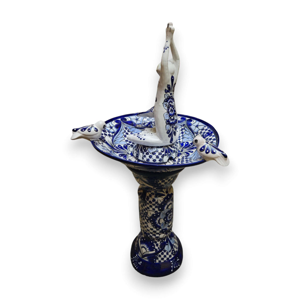 Blue & White Talavera Frog Fountain with Rim Birds | Mexican Garden The Talavera Hub