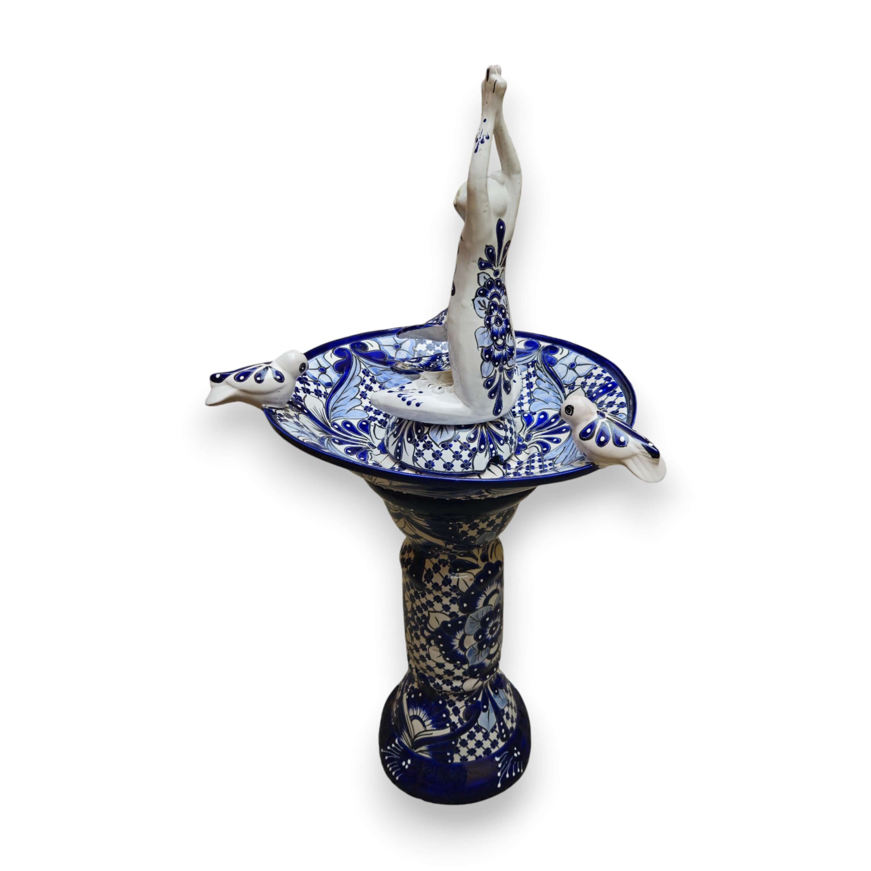 Blue & White Talavera Frog Fountain with Rim Birds | Mexican Garden The Talavera Hub