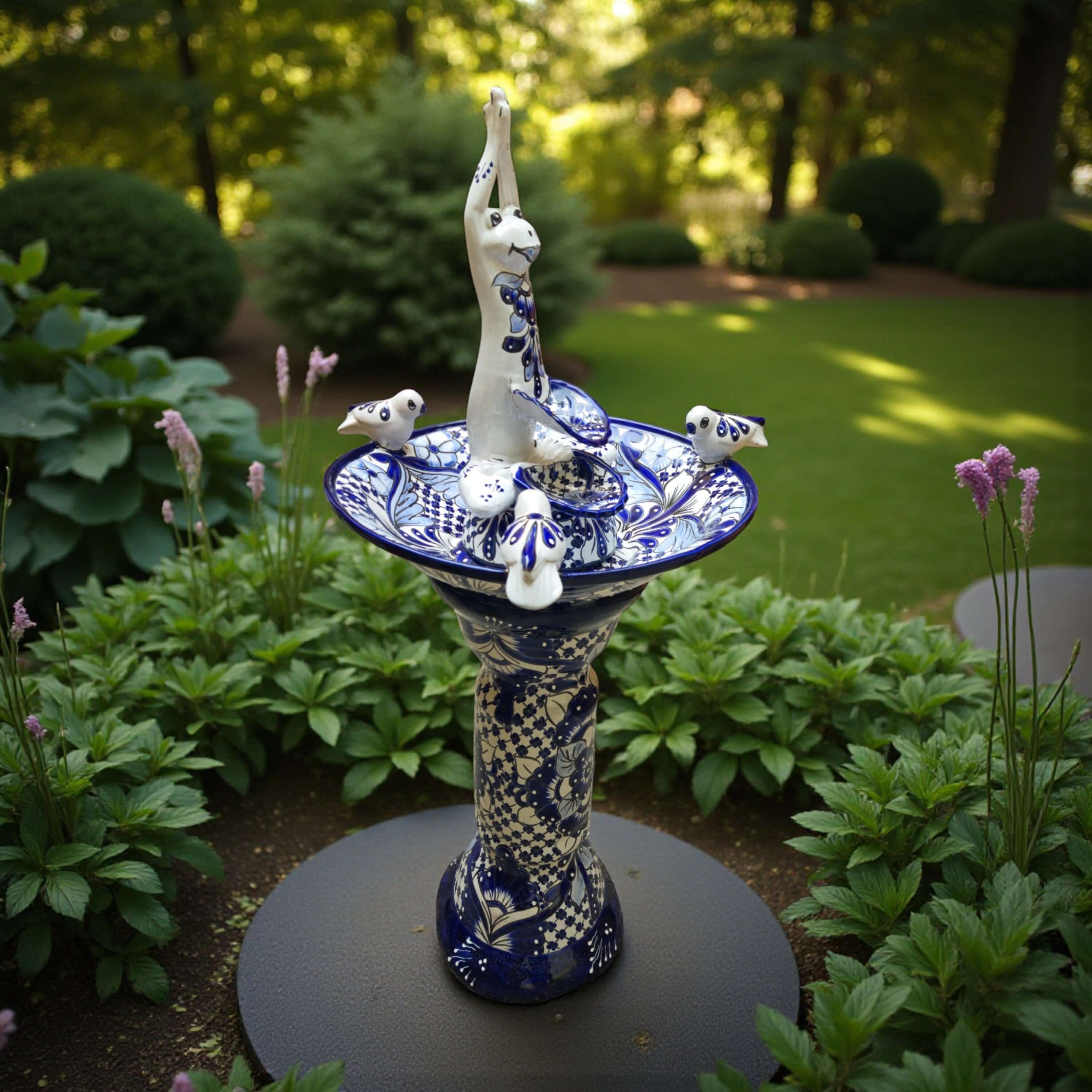 Blue & White Talavera Frog Fountain with Rim Birds | Mexican Garden The Talavera Hub