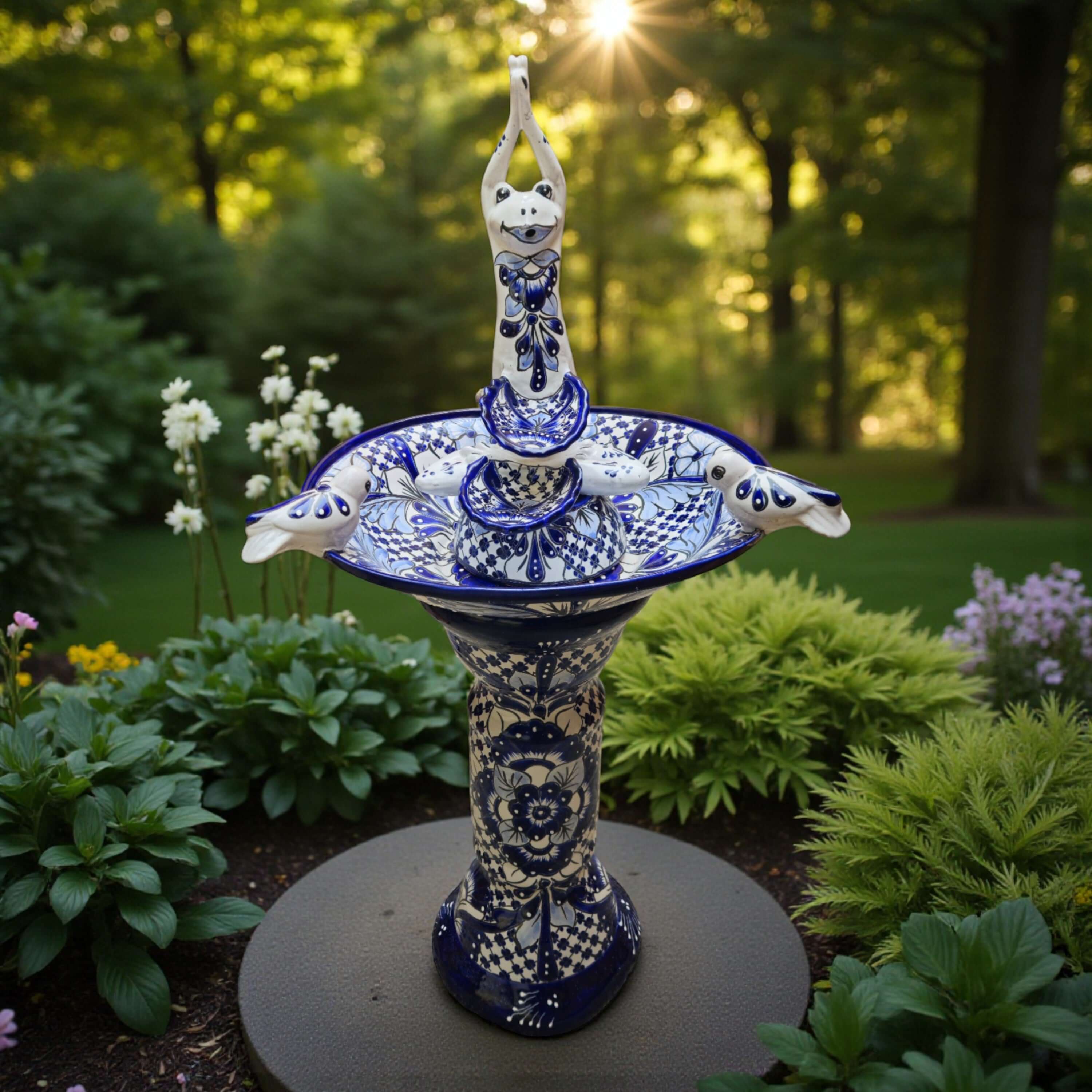 Blue & White Talavera Frog Fountain with Rim Birds | Mexican Garden The Talavera Hub