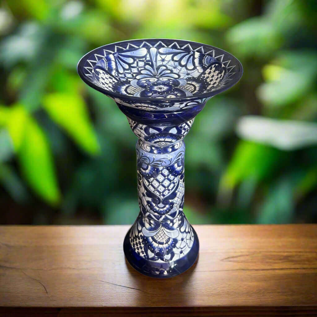 Blue & White Talavera Bird Bath | Mexican Garden Art The Talavera Hub