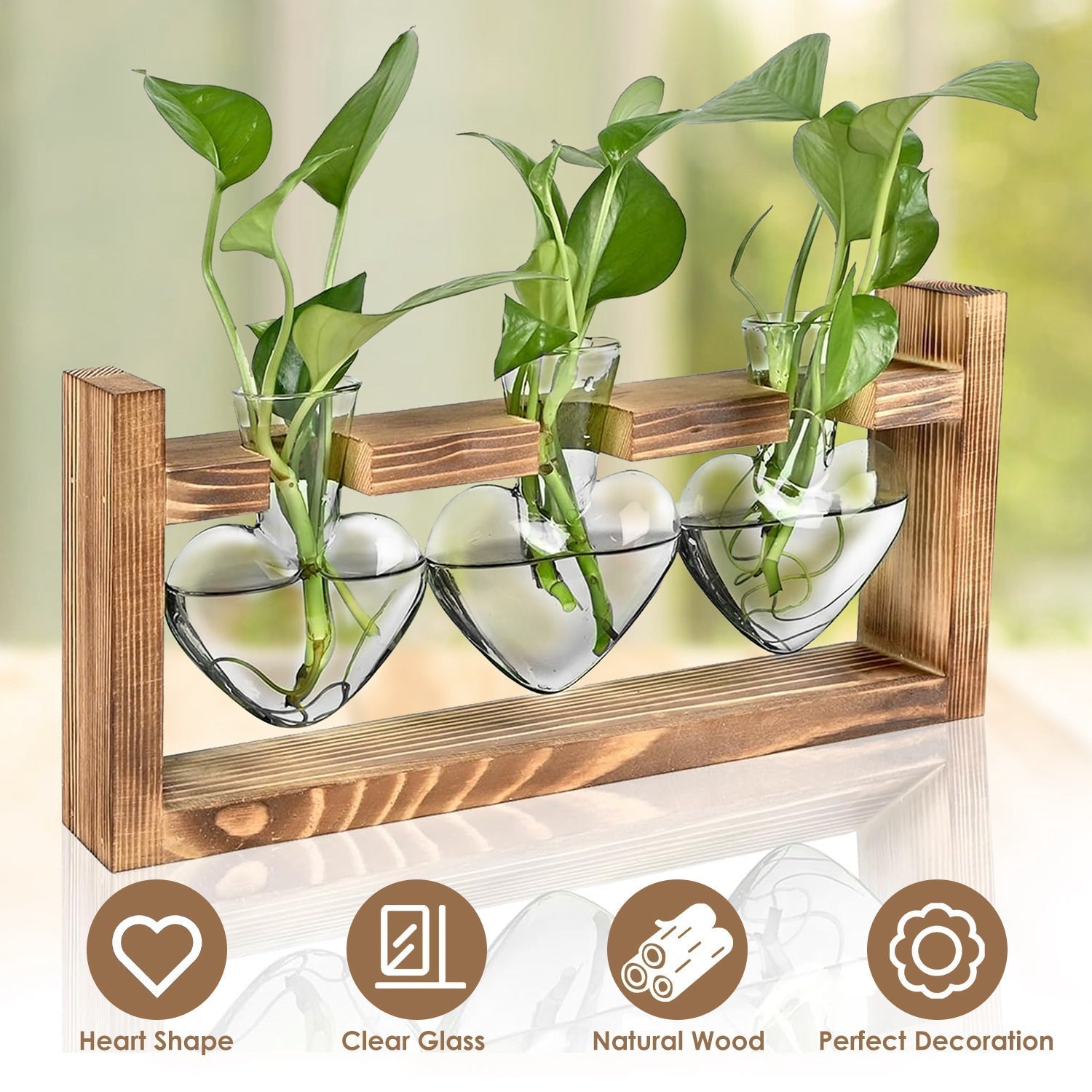 1Pc Plant Terrarium Propagation Station With 3 Heart Shaped Vases Wooden Stand Desktop Air Planter Bulb Glass Vase For Hydroponics Home Office Decor Gift For Plant Lovers Rooted Treasures Farms