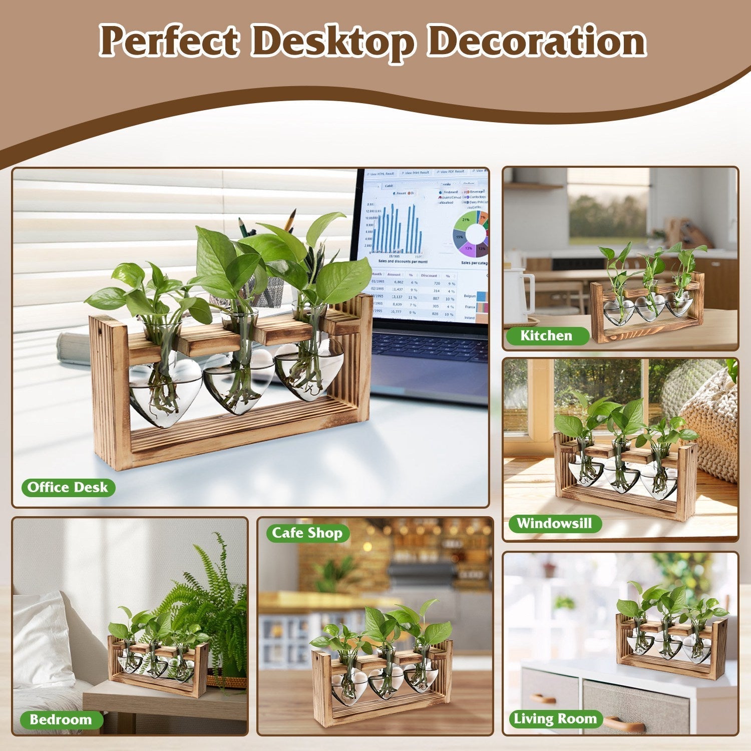 1Pc Plant Terrarium Propagation Station With 3 Heart Shaped Vases Wooden Stand Desktop Air Planter Bulb Glass Vase For Hydroponics Home Office Decor Gift For Plant Lovers Rooted Treasures Farms