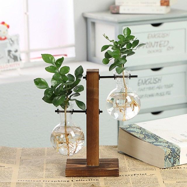 Glass Planter Bulb Vase Transparent Terrarium Hydroponic Vases For Home Garden Office Wedding Decor Wooden Stand Air Planter Bulb Glass Vase Propogation Station for Hydroponics Home Garden Office Decoration Stevvex