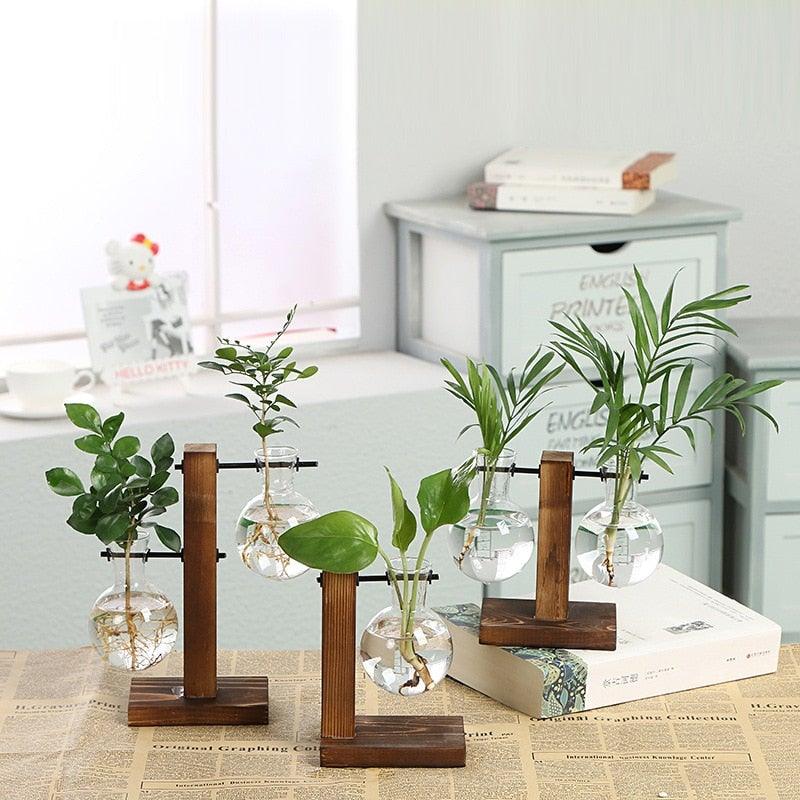 Glass Planter Bulb Vase Transparent Terrarium Hydroponic Vases For Home Garden Office Wedding Decor Wooden Stand Air Planter Bulb Glass Vase Propogation Station for Hydroponics Home Garden Office Decoration Stevvex