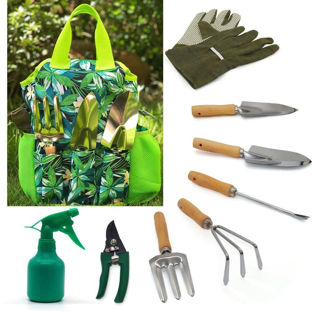 9-Piece Garden Tools Set with Gloves and Colorful Tote - Gardening Kit Deal US